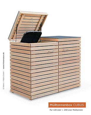 2 x 120 Liter Mülltonnenverkleidung CUBUS aus astfreiem FSC Eukalyptus Hartholz - Ausführung Natur - mit HPL Platten