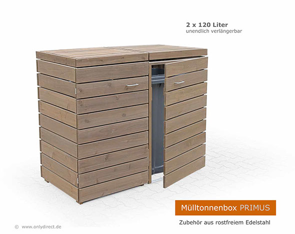 Moderne Mülltonnenbox PRIMUS - asiatische Zeder FSC - extra stabile Ausführung - Baukastensystem - unendlich verlängerbar - 120 und 240 Liter.