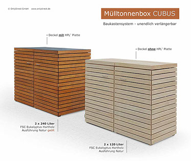 2 x 240 Liter Mülltonnenbox CUBUS FSC Hartholz fertig geölt  + 2 x 120 Liter Müllbox CUBUS Hartholz natur unbehandelt.