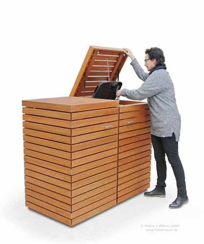 Praktische Einhand-Bedienung - Mülltonnenbox CUBUS - FSC Hartholz natur geölt - 2 x 120 Liter Müllbox