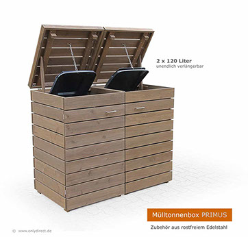 Moderne Mülltonnenbox PRIMUS - asiatische Zeder FSC - extra stabile Ausführung - Baukastensystem - unendlich verlängerbar - 120 und 240 Liter.