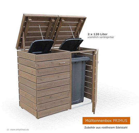 Moderne Mülltonnenbox PRIMUS - asiatische Zeder FSC - extra stabile Ausführung - Baukastensystem - unendlich verlängerbar - 120 und 240 Liter.