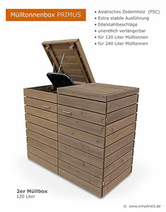 Mülltonnenbox PRIMUS  Holz braun lasiert - Einhandbedienung durch Edelstahlkette