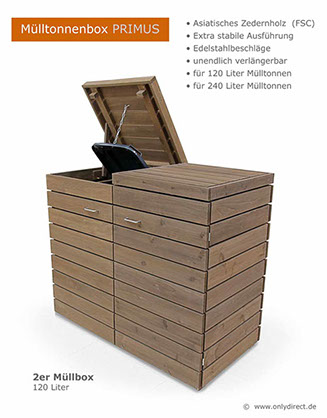 Moderne Mülltonnenbox PRIMUS - asiatische Zeder FSC - extra stabile Ausführung - Baukastensystem - unendlich verlängerbar - 120 und 240 Liter.