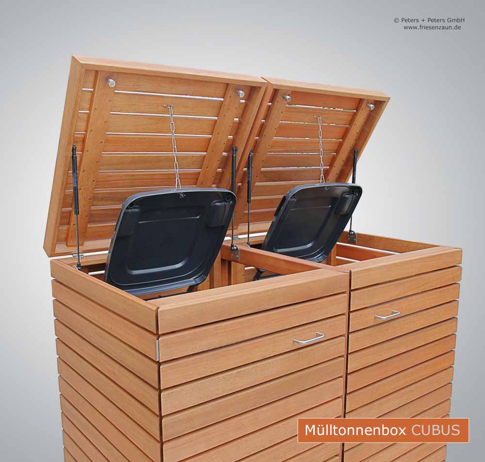 2er Mülltonnenverkleidung aus FSC Hartholz - Mülltonnenbox CUBUS mit Edelstahl-Zubehör