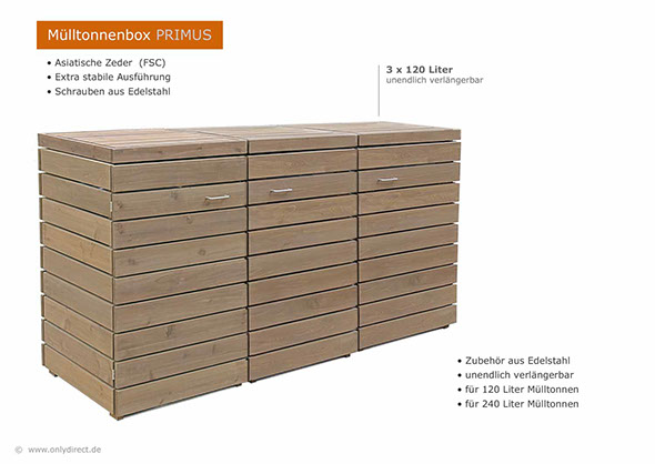 3er Mülltonnenbox PRIMUS 120 Liter - Asiatsche Zeder (FSC) - fertig braun gebeizt -  für 3 x 120 Liter Mülltonnen.