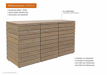 Moderne Mülltonnenbox PRIMUS - asiatische Zeder FSC - extra stabile Ausführung - Baukastensystem - unendlich verlängerbar - 120 und 240 Liter.