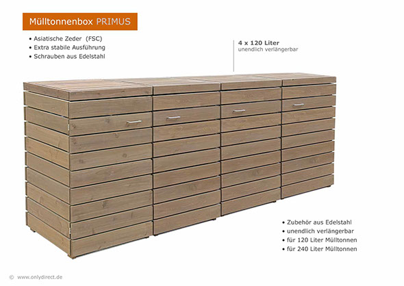 4er Mülltonnenhaus PRIMUS 120 + 240 Liter - Asiatsche Zeder (FSC) - fertig braun gebeizt -  für 4 x 240 Liter Mülltonnen.