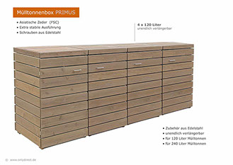 4er Mülltonnenhaus PRIMUS 120 + 240 Liter - Asiatsche Zeder (FSC) - fertig braun gebeizt -  für 4 x 240 Liter Mülltonnen.