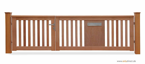 Asymmetrisches Holztor ROOF - Gartentor FSC Mahagoni Hartholz - Aufteilung 2/3 - 1/3 = 200cm zu 100 cm - Briefkasten integriert aus V2A-Edelstah