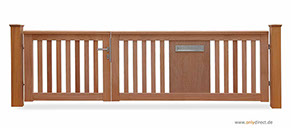 Asymmetrisches Holztor ROOF - Gartentor FSC Mahagoni Hartholz - Aufteilung 2/3 - 1/3 = 200cm zu 100 cm - Briefkasten integriert aus V2A-Edelstah