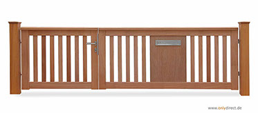 Asymmetrisches Holztor ROOF - Gartentor FSC Mahagoni Hartholz - Aufteilung 2/3 - 1/3 = 200cm zu 100 cm - Briefkasten integriert aus V2A-Edelstah