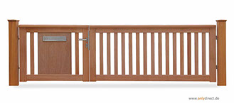 Asymmetrisches Holztor ROOF - Gartentor FSC Mahagoni Hartholz - Aufteilung 2/3 - 1/3 = 200cm zu 100 cm - Briefkasten integriert aus V2A-Edelstah