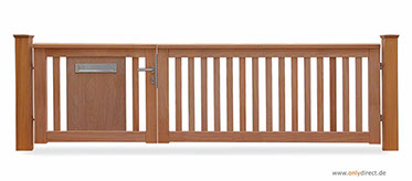 Asymmetrisches Holztor ROOF - Gartentor FSC Mahagoni Hartholz - Aufteilung 2/3 - 1/3 = 200cm zu 100 cm - Briefkasten integriert aus V2A-Edelstah