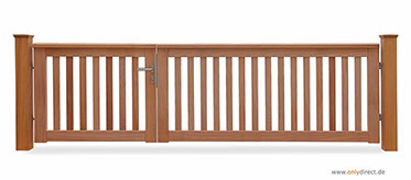 Asymmetrisches Holztor ROOF - Gartentor FSC Mahagoni Hartholz - Breite 300 cm - Höhe 90 cm - Zubehör aus Edelstahl