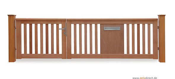 Asymmetrisches Gartentor ROOF - mit integriertem Briefkasten - FSC Hartholz Holztor Natur