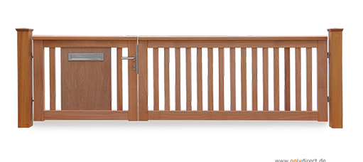 Asymmetrisches Gartentor ROOF - mit integriertem Briefkasten im Einzeltor - Holztor Hartholz Natur