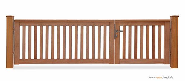 Asymmetrisches Holztor ROOF - Gartentor FSC Mahagoni Hartholz - Aufteilung 2/3 - 1/3 = 200cm zu 100 cm - Zubehör aus Edelstahl