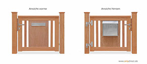 Einzeltor ROOF mit integriertem V2A-Briefkasten - Aufhängebeschläge und Zubehör aus Edelstahl - Mahagoni Hartholz