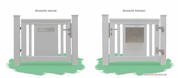 Weiße Gartenpforte  Einzeltor ROOF mit integriertem V2A-Briefkasten - Aufhängebeschläge und Zubehör aus Edelstahl - Mahagoni Hartholz