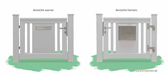 Weiße Gartenpforte  Einzeltor ROOF mit integriertem V2A-Briefkasten - Aufhängebeschläge und Zubehör aus Edelstahl - Mahagoni Hartholz