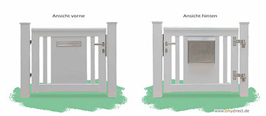 Weiße Gartenpforte  Einzeltor ROOF mit integriertem V2A-Briefkasten - Aufhängebeschläge und Zubehör aus Edelstahl - Mahagoni Hartholz