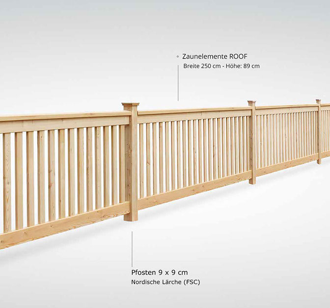 Gartenzaun aus nordischer Lärche (FSC) - stabile Rahmenkonstruktion mit Satteldach - gezapfte Holzverbindungen - Breite 250 cm - Höhe 89 cm.