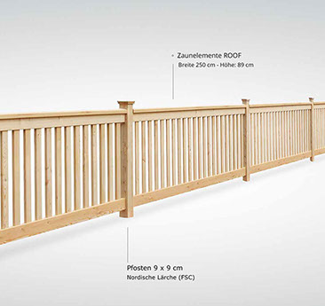 Gartenzaun aus nordischer Lärche (FSC) - stabile Rahmenkonstruktion mit Satteldach - gezapfte Holzverbindungen - Breite 250 cm - Höhe 89 cm.