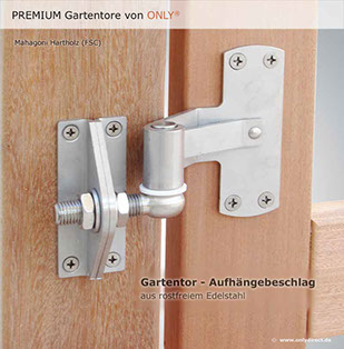 Mahagoni Holztor - Gartentorbeschlag aus rostfreiem Edelstahl mit 4fach verstellbaren Kloben.