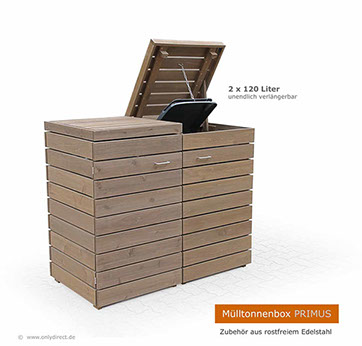 Moderne Mülltonnenbox PRIMUS - asiatische Zeder FSC - extra stabile Ausführung - Baukastensystem - unendlich verlängerbar - 120 und 240 Liter.