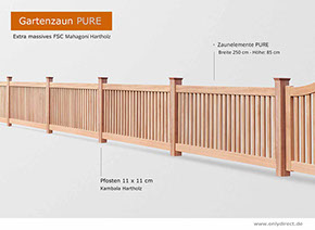 Gartenzaun Mahagoni Hartholz FSC - Zaunelement Rahmen mit 250 cm Breite - Höhe Zaun 86,5 cm - Zapfenverbindung