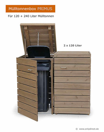 Moderne Mülltonnenbox PRIMUS - asiatische Zeder FSC - extra stabile Ausführung - Baukastensystem - unendlich verlängerbar - 120 und 240 Liter.