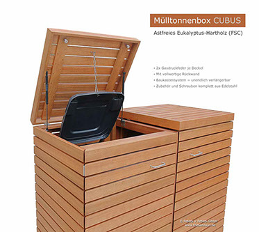 2 x 120 Liter Mülltonnenverkleidung CUBUS aus astfreiem FSC Eukalyptus Hartholz - Ausführung Natur geölt - ohne HPL Platten