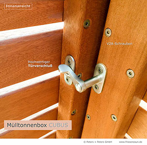 Mülltonnenschrank CUBUS - endlich eine Mülltonnenbox aus astfreiem FSC Hartholz in Tischlerqualität.