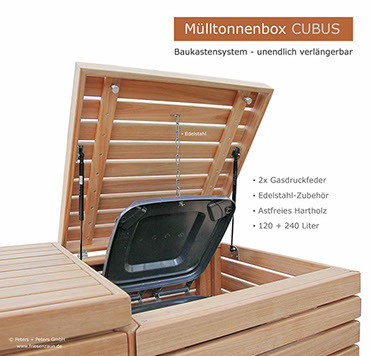 Moderne Mülltonnenbox CUBUS aus astfreiem Hartholz in Tischlerqualität - Müllboxen mit Anspruch
