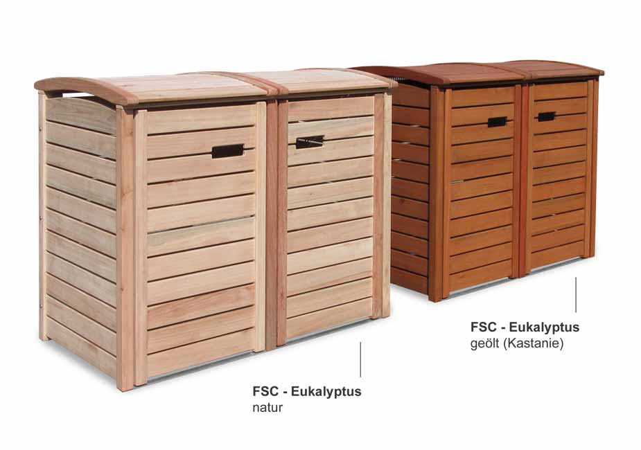 2 x 120 + 240 Liter Mülltonnenboxen - Müllbox CLASSIC Hartholz Natur oder Hartholz fertig geölt