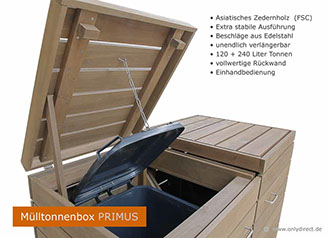 Mülltonnenbox PRIMUS - Asiatsche Zeder (FSC) - fertig braun gebeizt -  für 2 x 120 Liter + 240 Liter Mülltonnen - Baukastensystem.