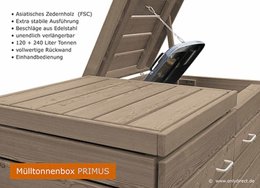 Mülltonnenbox PRIMUS - Asiatsche Zeder (FSC) - fertig braun gebeizt -  für 2 x 120 Liter + 240 Liter Mülltonnen - Baukastensystem.