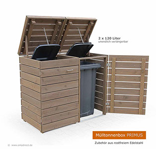 Design Mülltonnenhaus PRIMUS - Asiatsche Zeder (FSC) - fertig braun gebeizt -  für 2 x 120 Liter Mülltonnen.