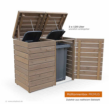 Design Mülltonnenhaus PRIMUS - Asiatsche Zeder (FSC) - fertig braun gebeizt -  für 2 x 120 Liter Mülltonnen.