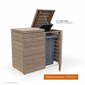 Mülltonnenbox PRIMUS - Mülltonnen elegant verstecken - Mülltonnen Sichtschutz Holz - Müllbox PRIMUS.