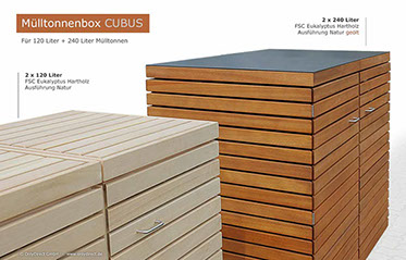 Vergleichr Mülltonnenbox CUBUS aus astfreiem FSC Hartholz - Ausführung Hartholz natur Größe 120 Liter  + 240 Liter Harholz natur geölt