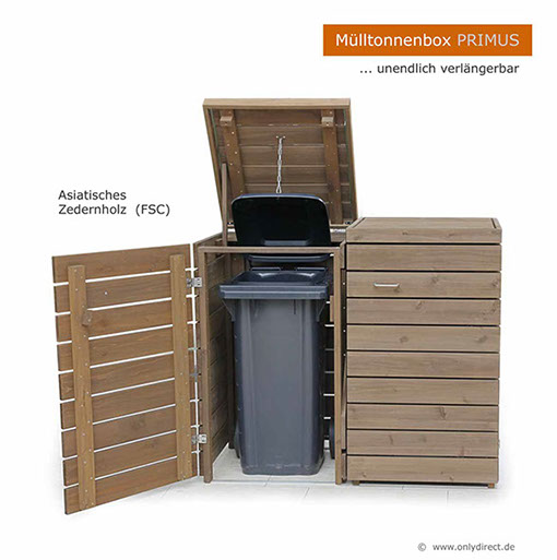Moderne Mülltonnenbox PRIMUS - asiatische Zeder FSC - extra stabile Ausführung - Baukastensystem - unendlich verlängerbar - 120 und 240 Liter.